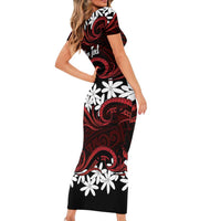 Personalised Cook Islands Atiu Enuamanu Short Sleeve Bodycon Dress Tiare Maori Polynesian Waves Tattoo