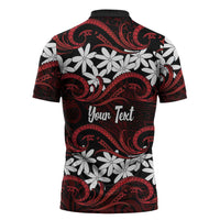 Personalised Cook Islands Atiu Enuamanu Zipper Polo Shirt Tiare Maori Polynesian Waves Tattoo