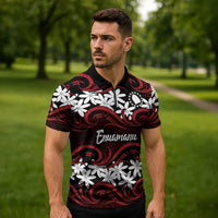 Personalised Cook Islands Atiu Enuamanu Zipper Polo Shirt Tiare Maori Polynesian Waves Tattoo