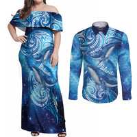 New Zealand Humpback Whale Matariki Couples Matching Off Shoulder Maxi Dress and Long Sleeve Button Shirt Maori New Year Taniko Niho Taniwha LT14 Blue - Polynesian Pride