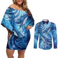 New Zealand Humpback Whale Matariki Couples Matching Off Shoulder Short Dress and Long Sleeve Button Shirt Maori New Year Taniko Niho Taniwha LT14 Blue - Polynesian Pride