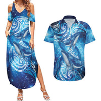 New Zealand Humpback Whale Matariki Couples Matching Summer Maxi Dress and Hawaiian Shirt Maori New Year Taniko Niho Taniwha LT14 Blue - Polynesian Pride