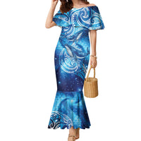 New Zealand Humpback Whale Matariki Family Matching Mermaid Dress and Hawaiian Shirt Maori New Year Taniko Niho Taniwha LT14 Mom's Dress Blue - Polynesian Pride
