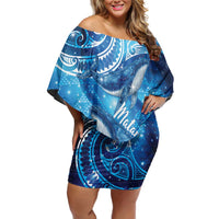 New Zealand Humpback Whale Matariki Family Matching Off Shoulder Short Dress and Hawaiian Shirt Maori New Year Taniko Niho Taniwha LT14 Mom's Dress Blue - Polynesian Pride