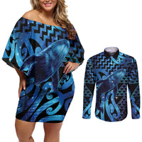 Humpback Whale Matariki New Zealand Couples Matching Off Shoulder Short Dress and Long Sleeve Button Shirt NZ Maori Paikea Poutama Luxury Blue LT14 Blue - Polynesian Pride