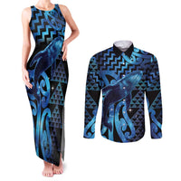 Humpback Whale Matariki New Zealand Couples Matching Tank Maxi Dress and Long Sleeve Button Shirt NZ Maori Paikea Poutama Luxury Blue LT14 Blue - Polynesian Pride