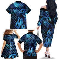 Humpback Whale Matariki New Zealand Family Matching Off The Shoulder Long Sleeve Dress and Hawaiian Shirt NZ Maori Paikea Poutama Luxury Blue LT14 - Polynesian Pride