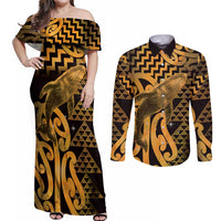 Humpback Whale Matariki New Zealand Couples Matching Off Shoulder Maxi Dress and Long Sleeve Button Shirt NZ Maori Paikea Poutama Luxury Gold LT14 Gold - Polynesian Pride