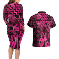 Humpback Whale Matariki New Zealand Couples Matching Long Sleeve Bodycon Dress and Hawaiian Shirt NZ Maori Paikea Poutama Luxury Pink LT14 - Polynesian Pride