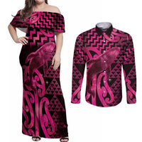 Humpback Whale Matariki New Zealand Couples Matching Off Shoulder Maxi Dress and Long Sleeve Button Shirt NZ Maori Paikea Poutama Luxury Pink LT14 Pink - Polynesian Pride