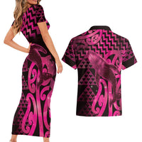 Humpback Whale Matariki New Zealand Couples Matching Short Sleeve Bodycon Dress and Hawaiian Shirt NZ Maori Paikea Poutama Luxury Pink LT14 - Polynesian Pride