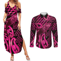 Humpback Whale Matariki New Zealand Couples Matching Summer Maxi Dress and Long Sleeve Button Shirt NZ Maori Paikea Poutama Luxury Pink LT14 Pink - Polynesian Pride