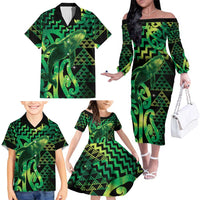Humpback Whale Matariki New Zealand Family Matching Off The Shoulder Long Sleeve Dress and Hawaiian Shirt NZ Maori Paikea Poutama Luxury Green LT14 - Polynesian Pride