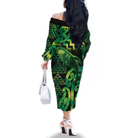 Humpback Whale Matariki New Zealand Family Matching Off The Shoulder Long Sleeve Dress and Hawaiian Shirt NZ Maori Paikea Poutama Luxury Green LT14 - Polynesian Pride