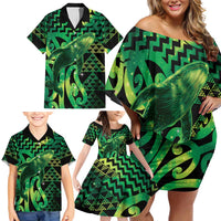 Humpback Whale Matariki New Zealand Family Matching Off Shoulder Short Dress and Hawaiian Shirt NZ Maori Paikea Poutama Luxury Green LT14 - Polynesian Pride