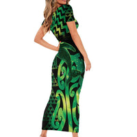 Humpback Whale Matariki New Zealand Family Matching Short Sleeve Bodycon Dress and Hawaiian Shirt NZ Maori Paikea Poutama Luxury Green LT14 - Polynesian Pride