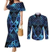 Taniko Motifs Matariki New Zealand Couples Matching Mermaid Dress and Long Sleeve Button Shirt NZ Niho Taniwha Poutama LT14 Blue - Polynesian Pride