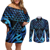 Taniko Motifs Matariki New Zealand Couples Matching Off Shoulder Short Dress and Long Sleeve Button Shirt NZ Niho Taniwha Poutama LT14 Blue - Polynesian Pride