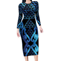 Taniko Motifs Matariki New Zealand Family Matching Long Sleeve Bodycon Dress and Hawaiian Shirt NZ Niho Taniwha Poutama LT14 Mom's Dress Blue - Polynesian Pride