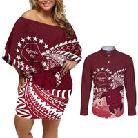 Cook Islands Mangaia Gospel Day Couples Matching Off Shoulder Short Dress and Long Sleeve Button Shirt Polynesian Art With Sea Turtle LT14 Maroon - Polynesian Pride