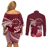 Cook Islands Mangaia Gospel Day Couples Matching Off Shoulder Short Dress and Long Sleeve Button Shirt Polynesian Art With Sea Turtle LT14 - Polynesian Pride