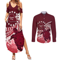 Cook Islands Mangaia Gospel Day Couples Matching Summer Maxi Dress and Long Sleeve Button Shirt Polynesian Art With Sea Turtle LT14 Maroon - Polynesian Pride