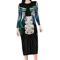 Aotearoa Korowai Motif Family Matching Long Sleeve Bodycon Dress and Hawaiian Shirt Hei Tiki Poutama Maori Pattern LT14 Mom's Dress Turquoise - Polynesian Pride