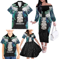 Aotearoa Korowai Motif Family Matching Off The Shoulder Long Sleeve Dress and Hawaiian Shirt Hei Tiki Poutama Maori Pattern LT14 - Polynesian Pride