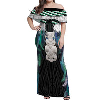 Aotearoa Korowai Motif Off Shoulder Maxi Dress Hei Tiki Poutama Maori Pattern