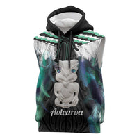Aotearoa Korowai Motif Sleeveless Hoodie Hei Tiki Poutama Maori Pattern LT14 Turquoise - Polynesian Pride