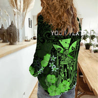 Personalised King Kamehameha Day Hawaii Women Casual Shirt Polynesia Tribal Kanaka And Hibiscus Green LT14 - Polynesian Pride