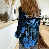 Personalised King Kamehameha Day Hawaii Women Casual Shirt Polynesia Tribal Kanaka And Hibiscus Blue LT14 - Polynesian Pride