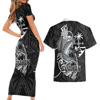 Guam Blue Marlin Fishing Couples Matching Short Sleeve Bodycon Dress and Hawaiian Shirt Guahan Fish Hook Tattoo Black Version LT14 - Polynesian Pride