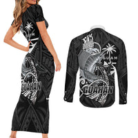 Guam Blue Marlin Fishing Couples Matching Short Sleeve Bodycon Dress and Long Sleeve Button Shirt Guahan Fish Hook Tattoo Black Version