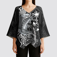 Guam Blue Marlin Fishing Kimono Sleeve Blouse Guahan Fish Hook Tattoo Black Version