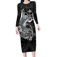 Guam Blue Marlin Fishing Long Sleeve Bodycon Dress Guahan Fish Hook Tattoo Black Version