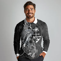 Guam Blue Marlin Fishing Long Sleeve Polo Shirt Guahan Fish Hook Tattoo Black Version