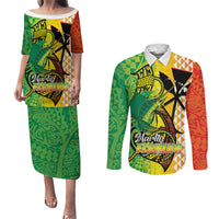 Hawaii Blue Marlin Fishing Couples Matching Puletasi and Long Sleeve Button Shirt Hawaiian Kanaka Kakau Reggae