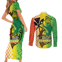 Hawaii Blue Marlin Fishing Couples Matching Short Sleeve Bodycon Dress and Long Sleeve Button Shirt Hawaiian Kanaka Kakau Reggae LT14 - Polynesian Pride