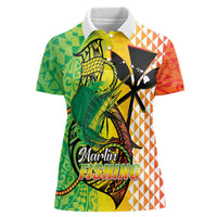 Hawaii Blue Marlin Fishing Women Polo Shirt Hawaiian Kanaka Kakau Reggae