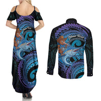 Personalised Blue Marlin Fishing New Zealand Couples Matching Summer Maxi Dress and Long Sleeve Button Shirt NZ Kiwi Cowboy Born To Fish LT14 - Polynesian Pride