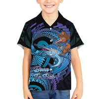 Personalised Blue Marlin Fishing New Zealand Family Matching Off The Shoulder Long Sleeve Dress and Hawaiian Shirt NZ Kiwi Cowboy Born To Fish LT14 Son's Shirt Purple - Polynesian Pride