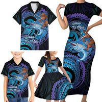 Personalised Blue Marlin Fishing New Zealand Family Matching Short Sleeve Bodycon Dress and Hawaiian Shirt NZ Kiwi Cowboy Born To Fish LT14 - Polynesian Pride