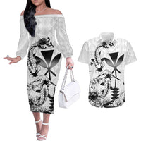 Japan And Hawaii Couples Matching Off The Shoulder Long Sleeve Dress and Hawaiian Shirt Sakura Koi Fish Hawaiian Lei Kanaka LT14 White - Polynesian Pride