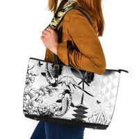 Japan And Hawaii Leather Tote Bag Sakura Koi Fish Hawaiian Lei Kanaka LT14 White - Polynesian Pride