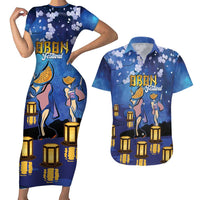 Japan Obon Festival Couples Matching Short Sleeve Bodycon Dress and Hawaiian Shirt Sakura Lanterns With Bon Dance LT14 Blue - Polynesian Pride