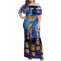 Japan Obon Festival Family Matching Off Shoulder Maxi Dress and Hawaiian Shirt Sakura Lanterns With Bon Dance LT14 Mom's Dress Blue - Polynesian Pride