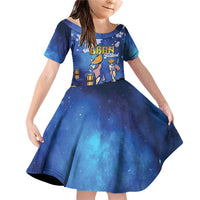 Japan Obon Festival Family Matching Off Shoulder Short Dress and Hawaiian Shirt Sakura Lanterns With Bon Dance LT14 Daughter's Dress Blue - Polynesian Pride