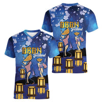 Japan Obon Festival Women V-Neck T-Shirt Sakura Lanterns With Bon Dance - Polynesian Pride