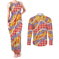 Hawaii Kahili Palaka Motifs Couples Matching Tank Maxi Dress and Long Sleeve Button Shirt Hawaiian Honohono Pikake Lei LT14 Red - Polynesian Pride